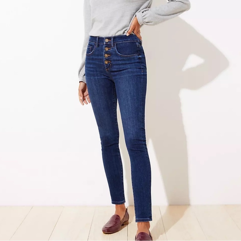 LOFT 26/2 Dark Indigo Wash Button Fly Modern High Waist Slim Pocket Skinny Jeans